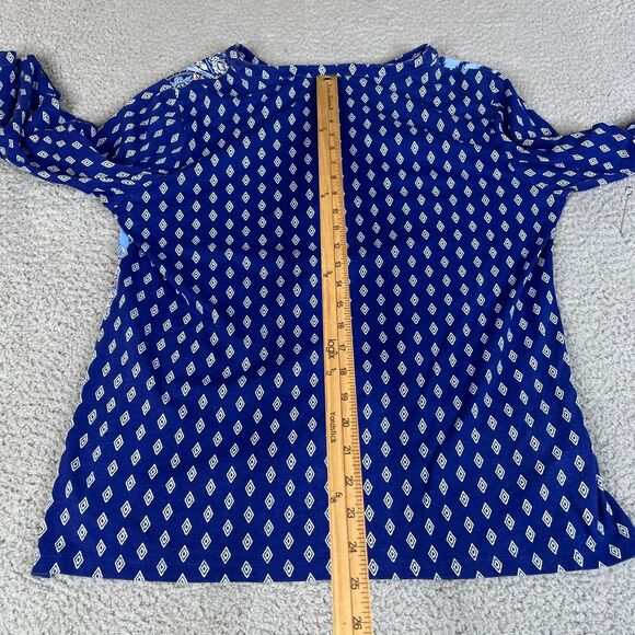 Chico's Blouse Womens 2 Blue Paisley Large Short Sleeve Roll Tab Pullover V Neck - Picture 8 of 10